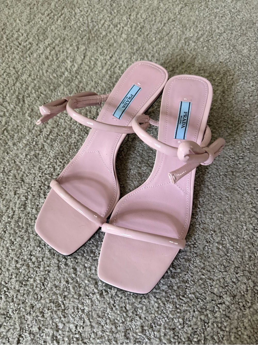 NEW Prada Light Pink Patent Knot-Strap Heeled Sandals